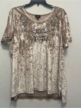 Curations Tan Crushed Velvet Short Sleeved Blouse Embroidered Boho Hippie 2X